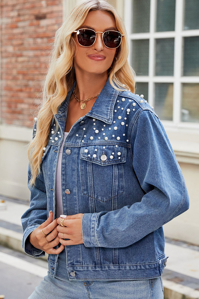 Fashion Pearl Embellished Short Denim Jacket