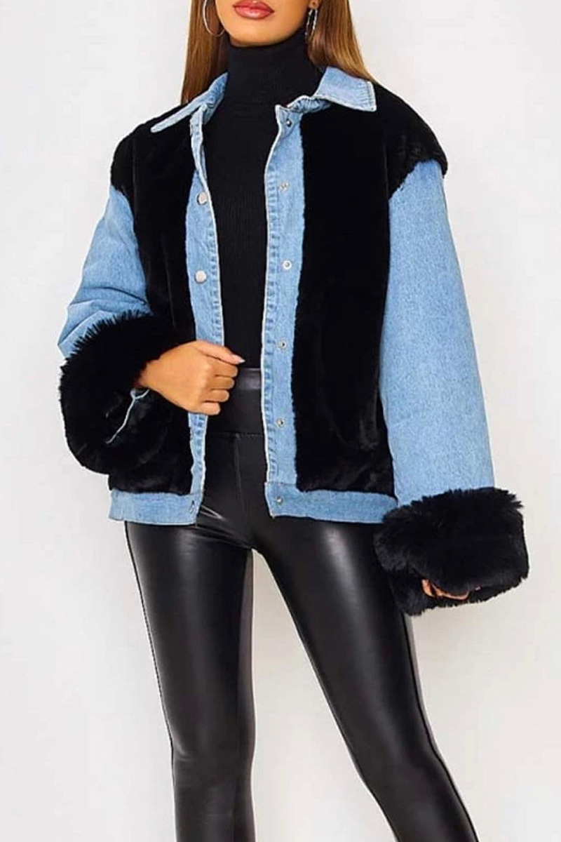 Casual Plush Paneled Denim Insulated Coats