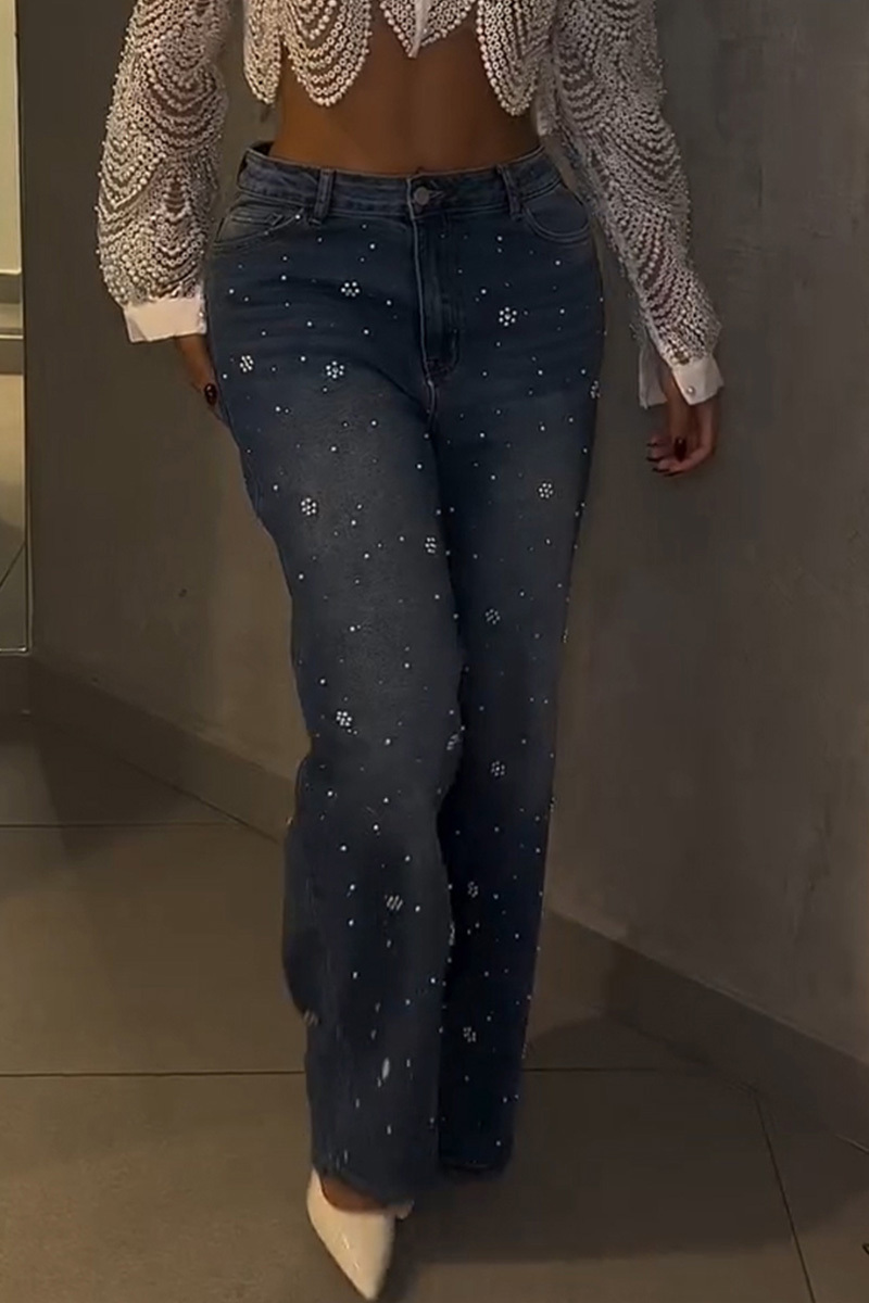 Fashion Shiny Pearl Embedded Wide Leg Jeans
