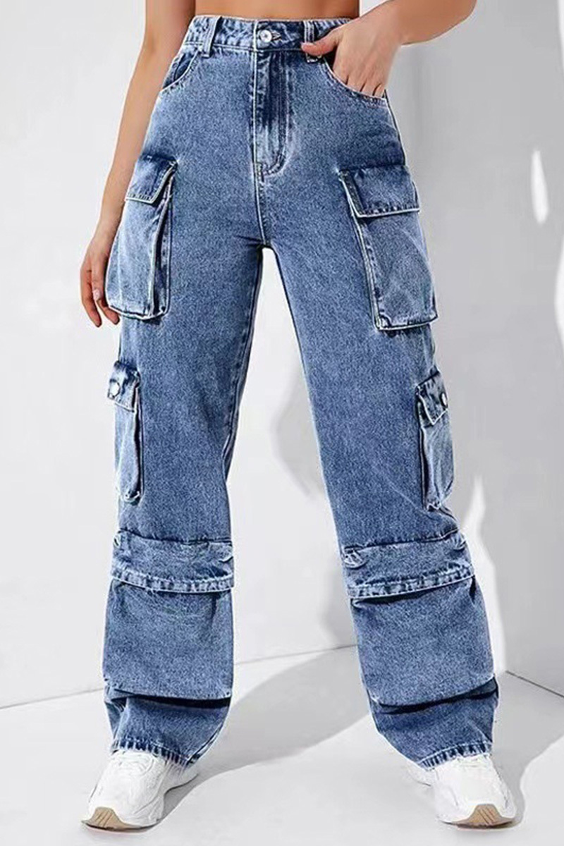 Casual High-Rise Flap Pocket Cargo Jeans