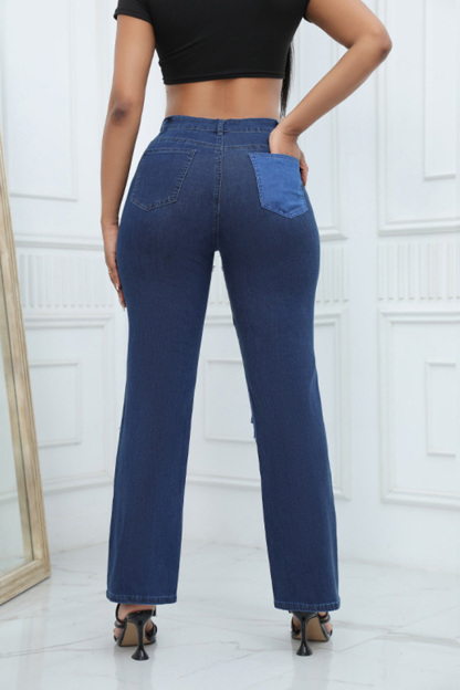 Designer Color Block Raw Hem Straight Leg Jeans