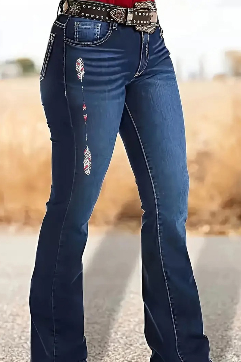 Vintage Feather Embroidered Bleach Wash Jeans