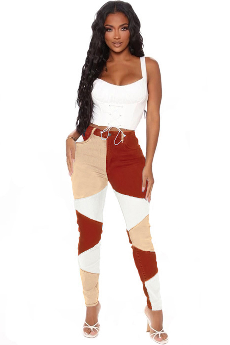 Fashion Color Block Stretch High Rise Jeans