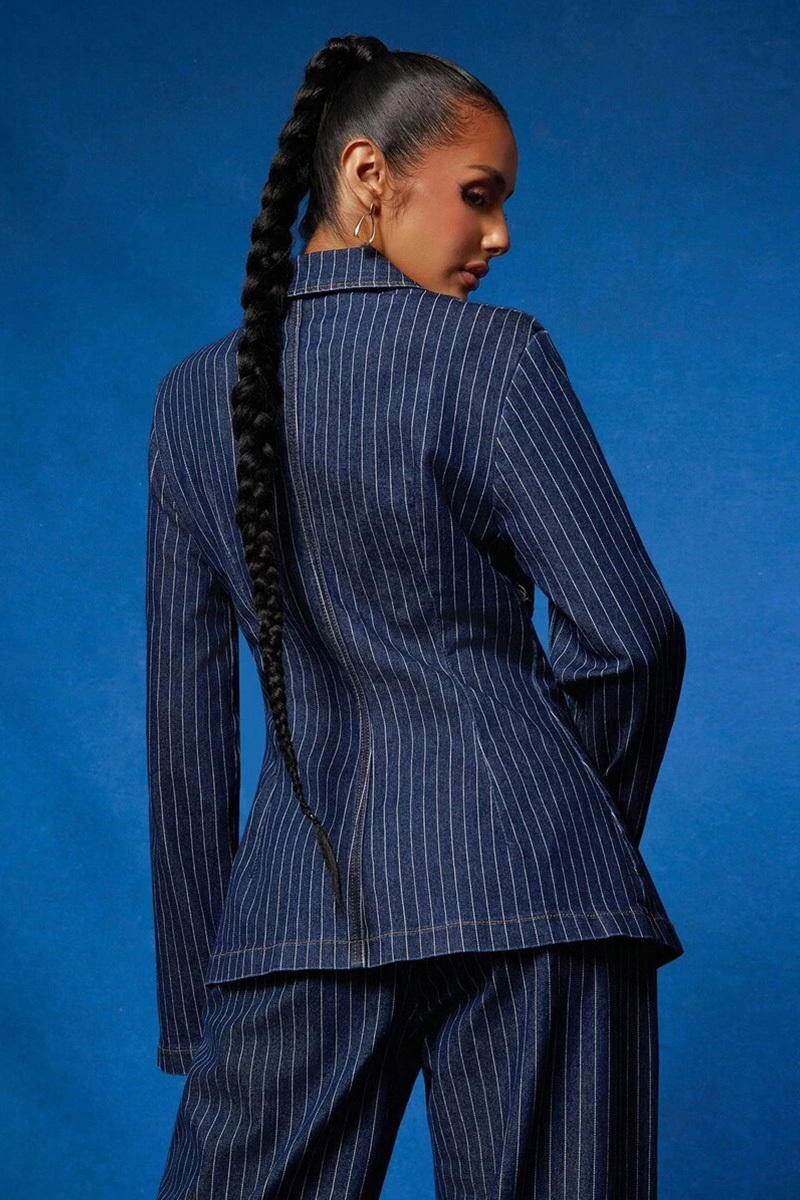 Fashion Thin Stripe V-Neck Denim Jacket