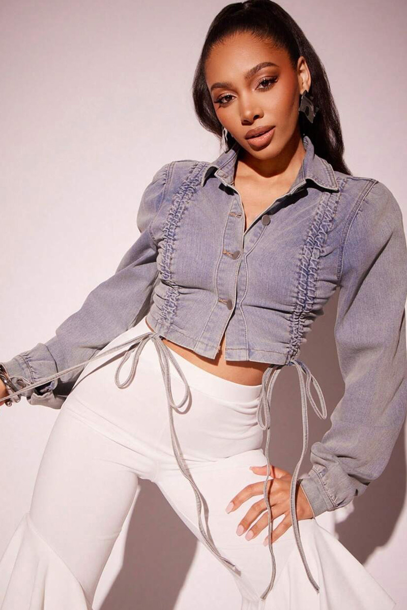 Stylish Drawstring Detail Short Denim Jacket