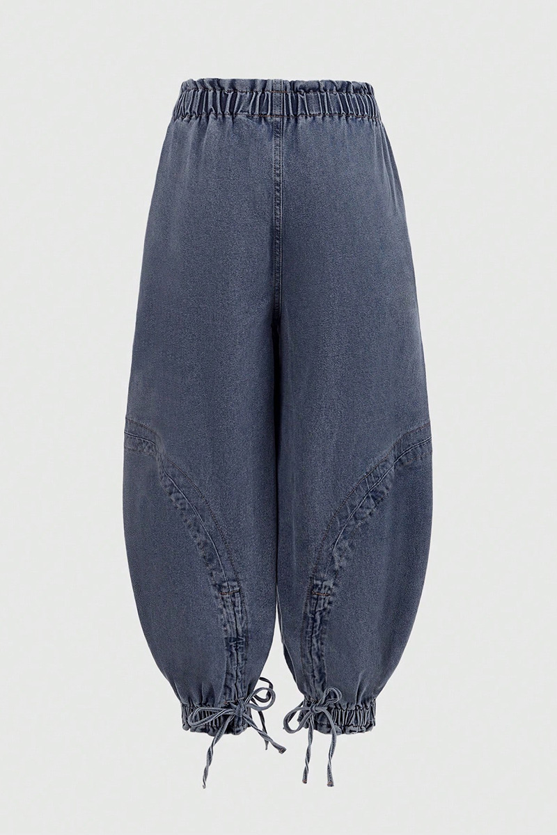 Fashion Bleach Wash Adjustable Drawstring Cargo Jeans