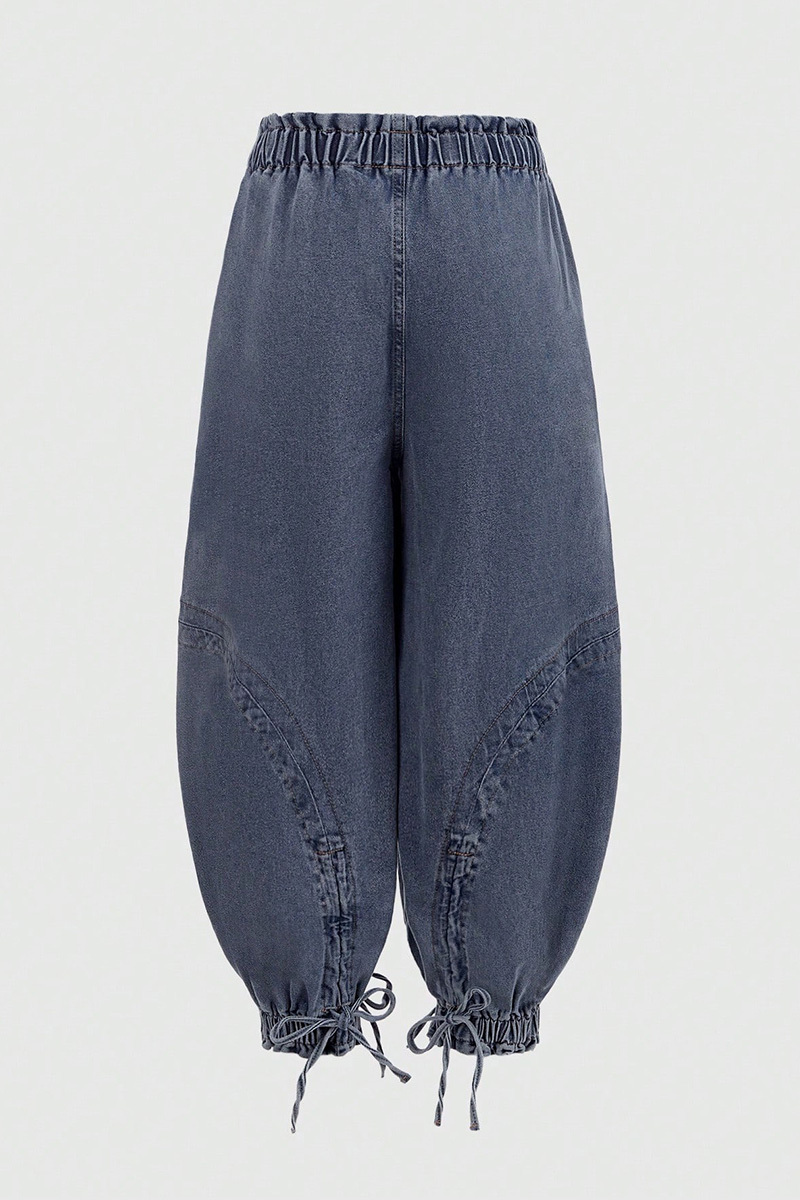 Fashion Bleach Wash Adjustable Drawstring Cargo Jeans