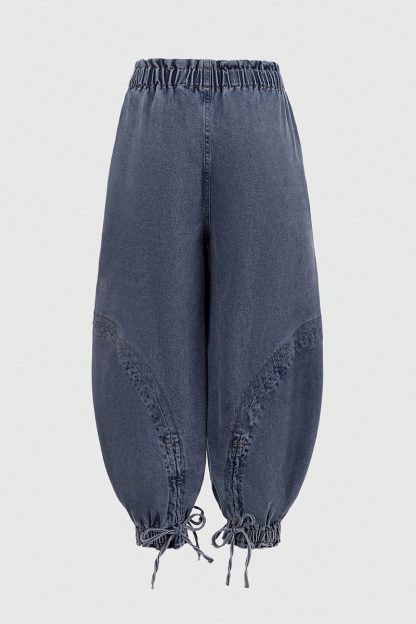 Fashion Bleach Wash Adjustable Drawstring Cargo Jeans