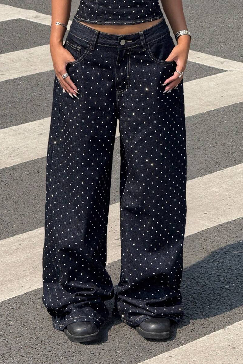 Fashion Hotfix Rhinestone Distressed Low Rise Wide Leg Jeans