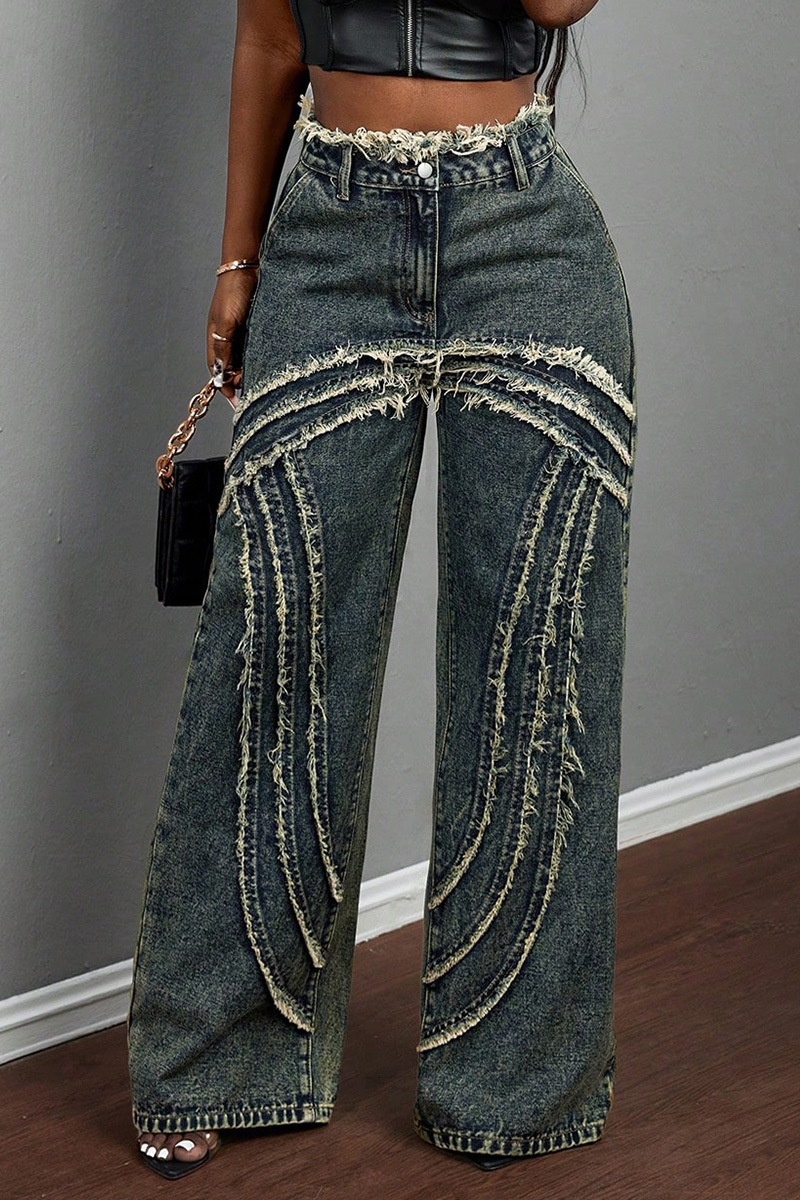 Fashion Panel Washed Raw Hem Wide Leg Jeans