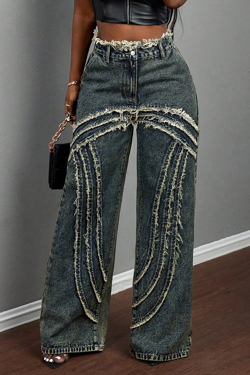 Fashion Panel Washed Raw Hem Wide Leg Jeans