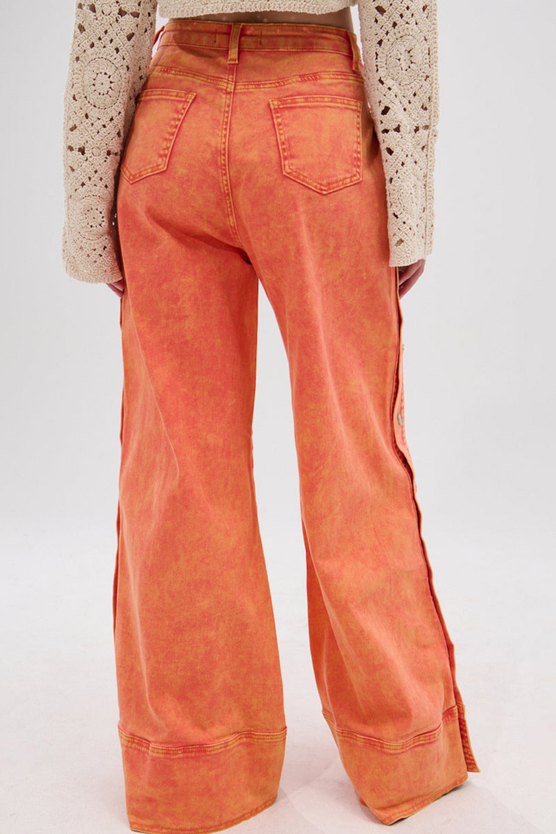 Fashion Side Button Ripped Bright Color Jeans