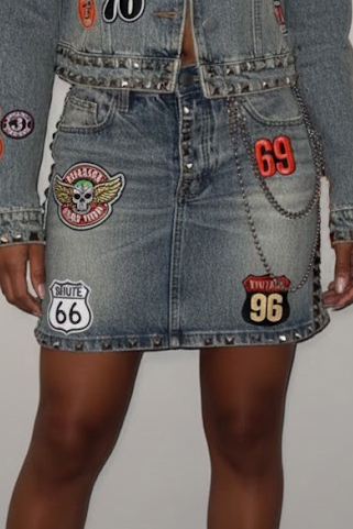 Women's Fashion Street Style Studded Denim Jacket+ Street Denim Skirt Set