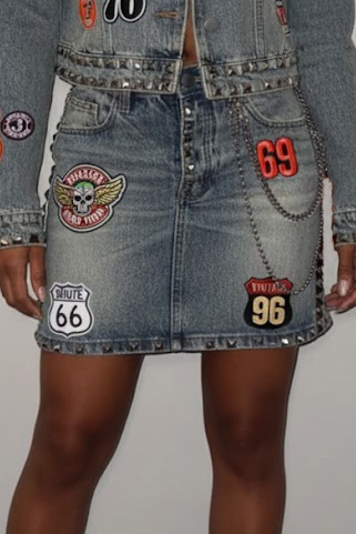 Women's Fashion Street Style Studded Denim Jacket+ Street Denim Skirt Set