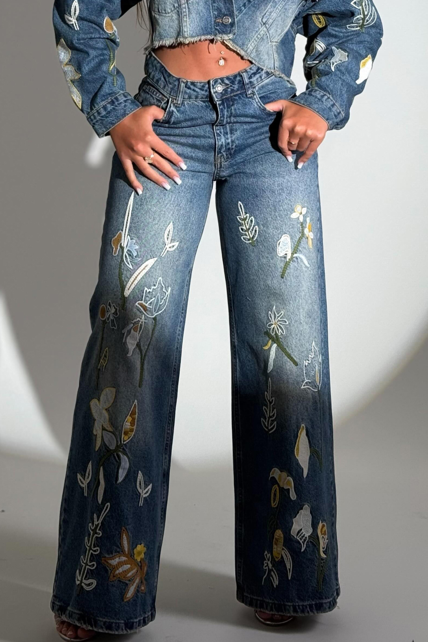 Ladies Embroidered Cropped Jacket + Floral Jeans Sets