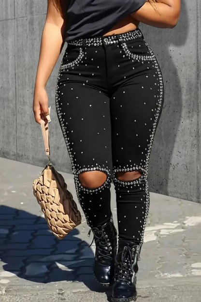 Women's Casual Rhinestone Ripped Skinny Jeans