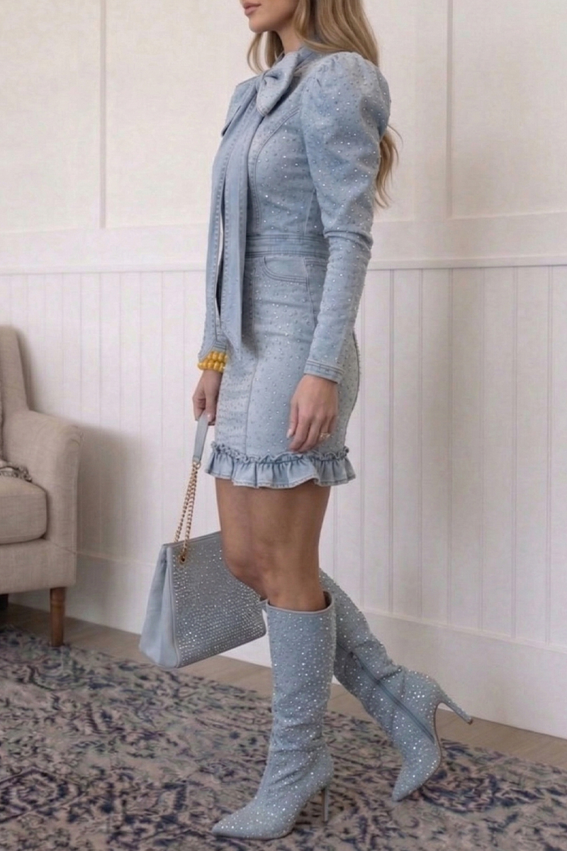 Women's Casual Rhinestone Bow Denim Dress