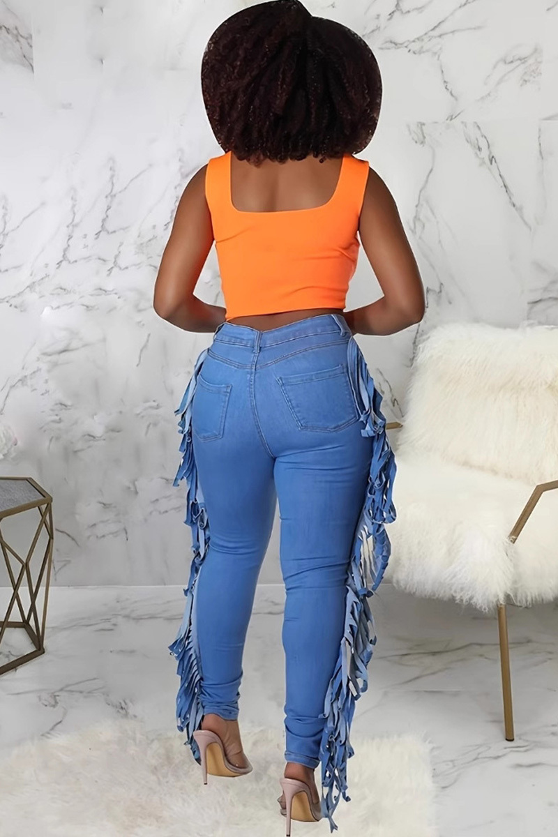 Casual Side Tassels Light Washed Ripped Jeans