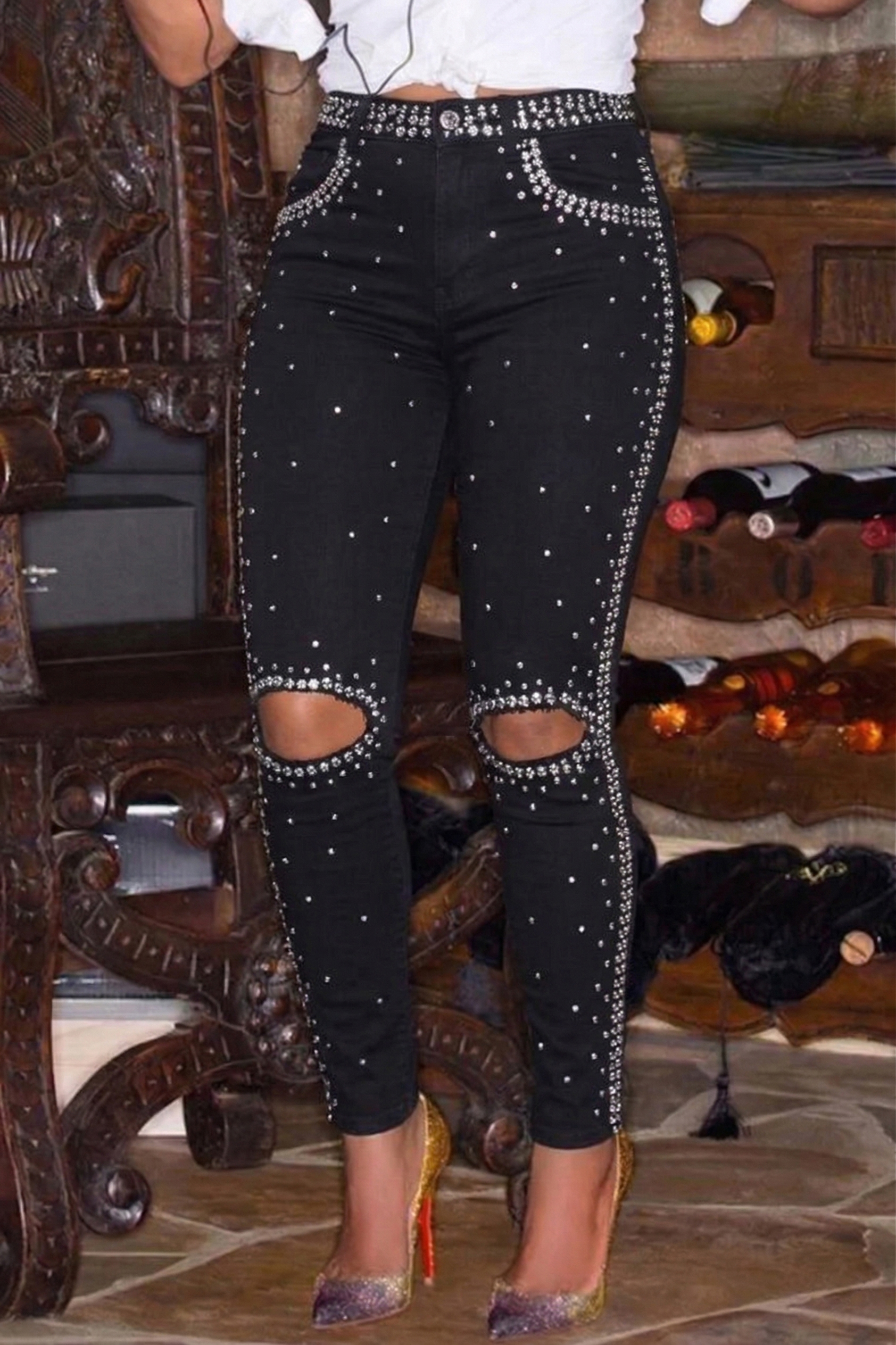 Women's Casual Rhinestone Ripped Skinny Jeans