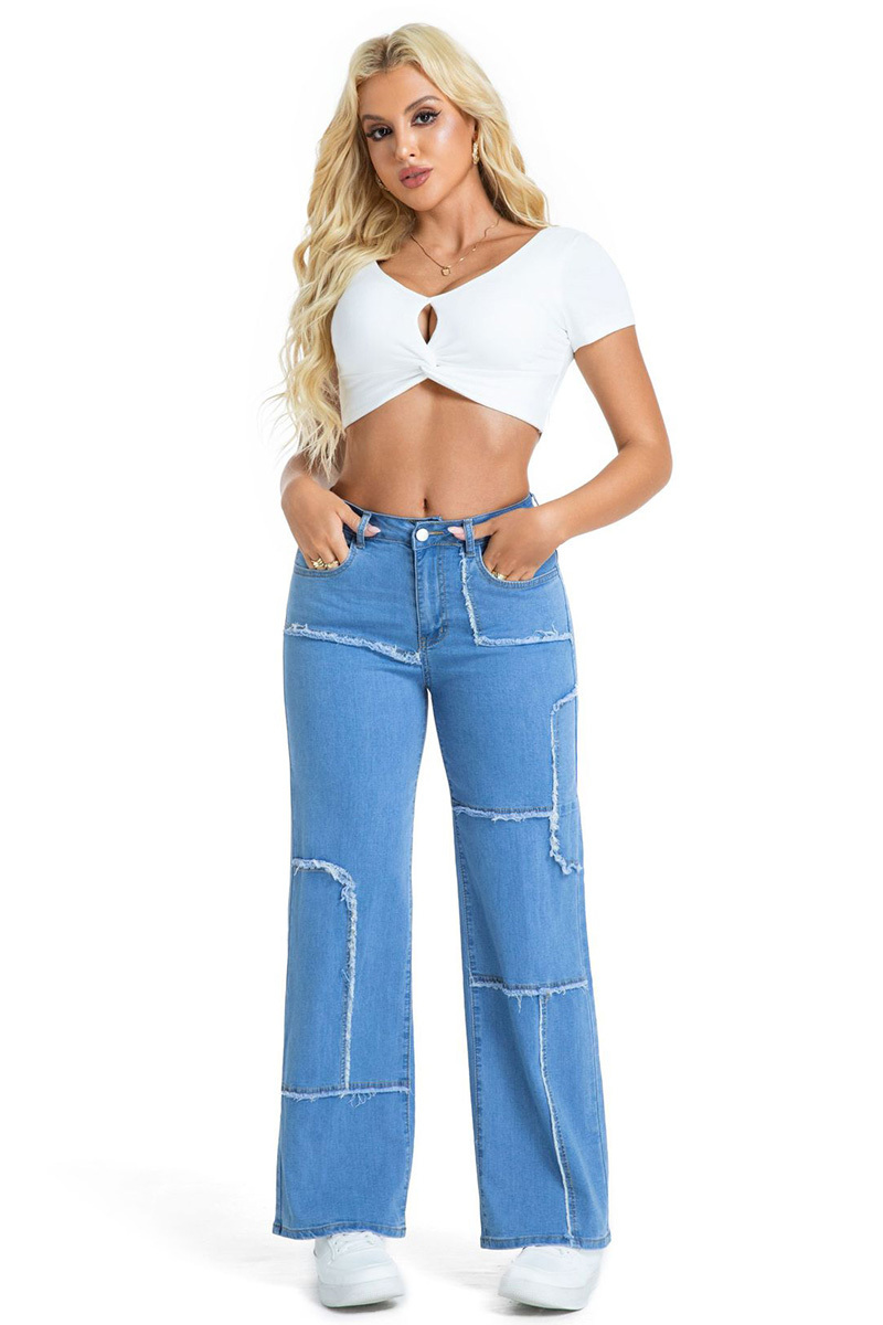 Casual Stretch Panel Raw Hem Wide Leg Jeans