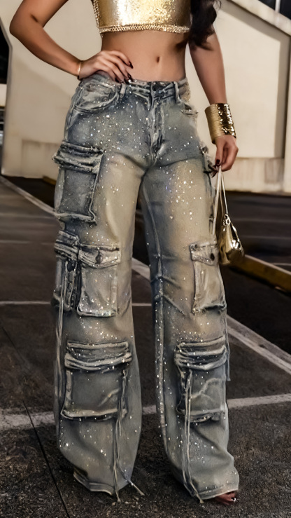 Women's Multi-pocket Cargo Jeans with Rhinestone Embellishments