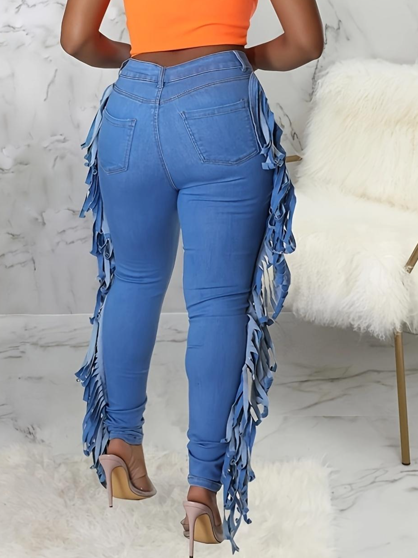 Women's Denim Cut-out Hollow Flow Side Fringe Design Fashionable Trousers