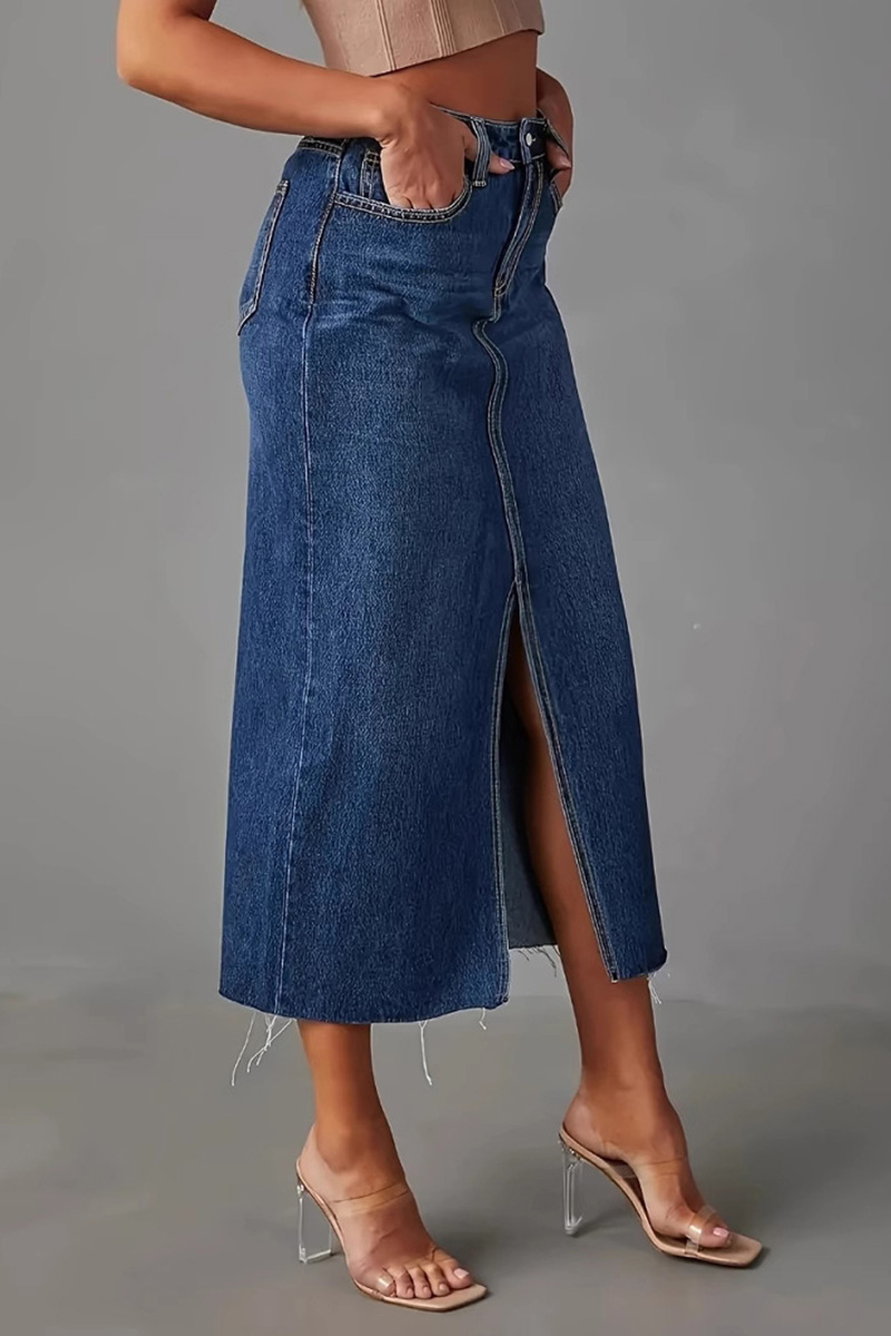 Casual High Waisted Split Hem Denim Skirts