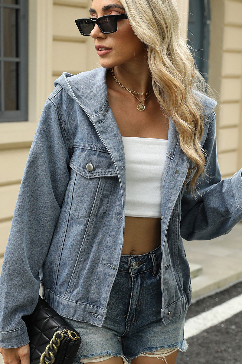 Casual Washed Hooded Elastic Hem Denim Jacket