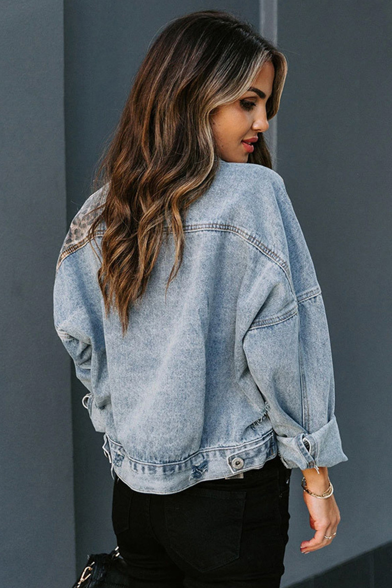 Fashion Print Paneled Ripped Short Denim Jacket