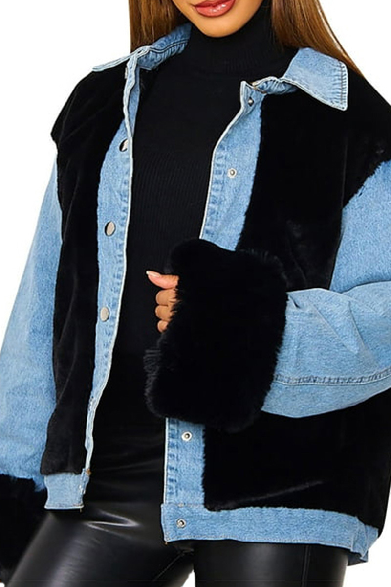 Casual Plush Paneled Denim Insulated Coats