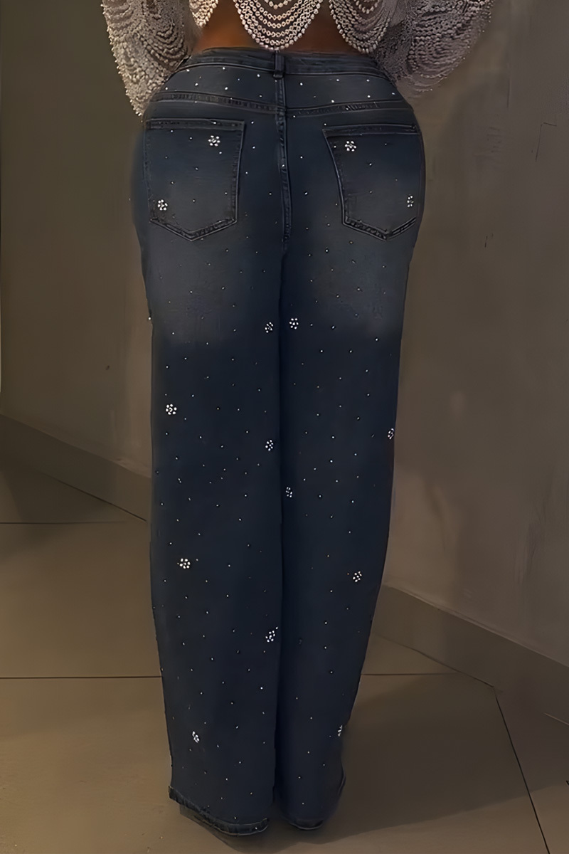 Fashion Shiny Pearl Embedded Wide Leg Jeans