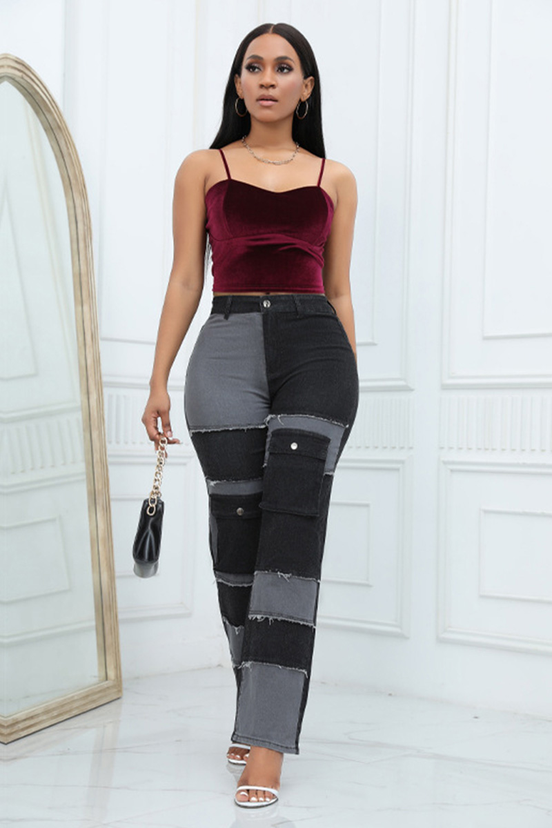 Designer Color Block Raw Hem Straight Leg Jeans