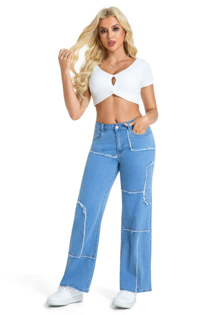 Casual Stretch Panel Raw Hem Wide Leg Jeans