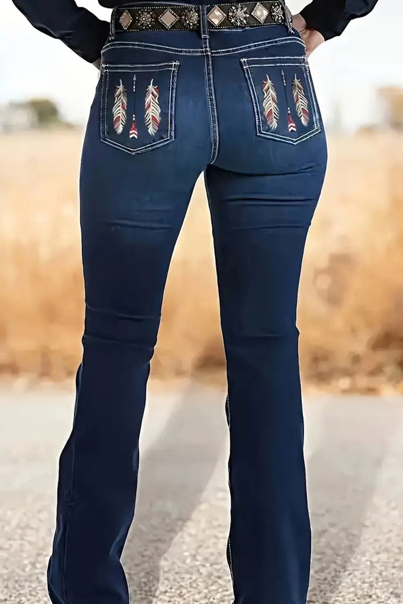 Vintage Feather Embroidered Bleach Wash Jeans