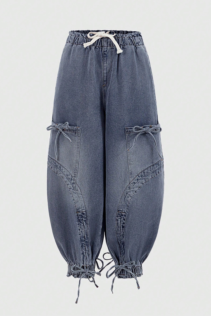 Fashion Bleach Wash Adjustable Drawstring Cargo Jeans