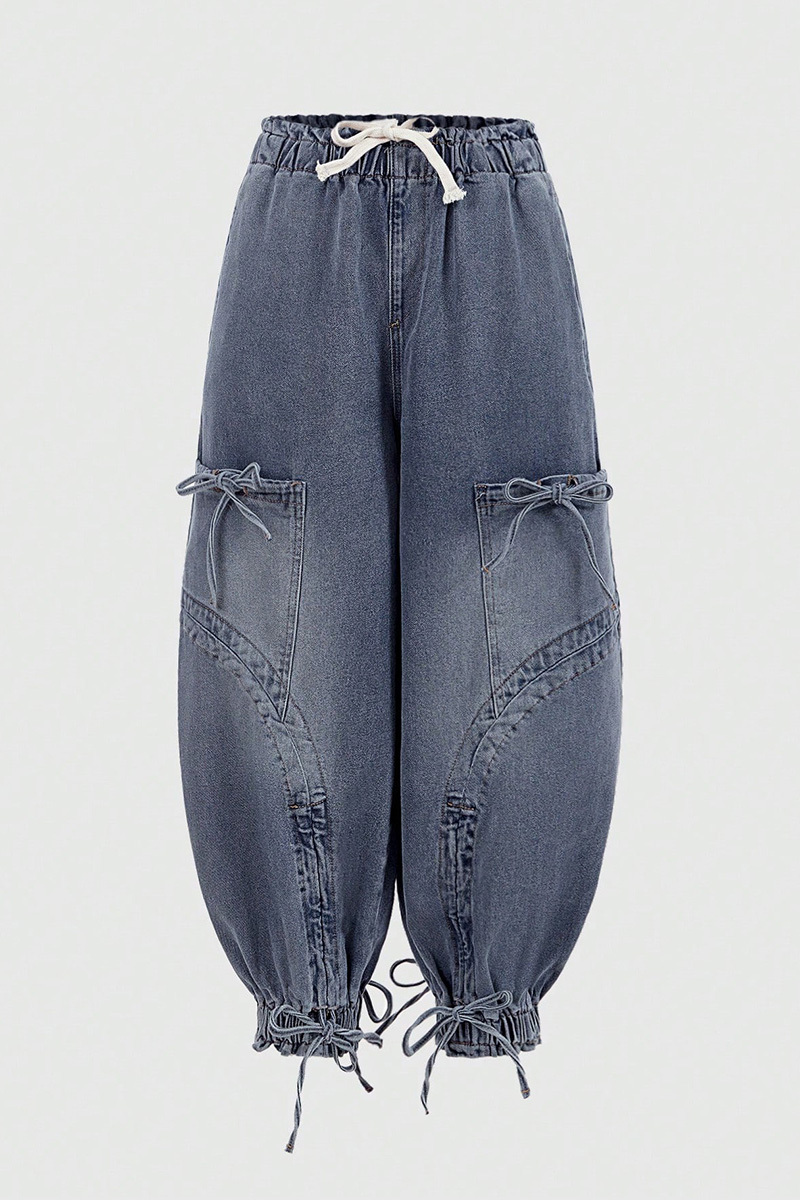 Fashion Bleach Wash Adjustable Drawstring Cargo Jeans