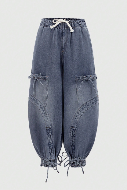 Fashion Bleach Wash Adjustable Drawstring Cargo Jeans