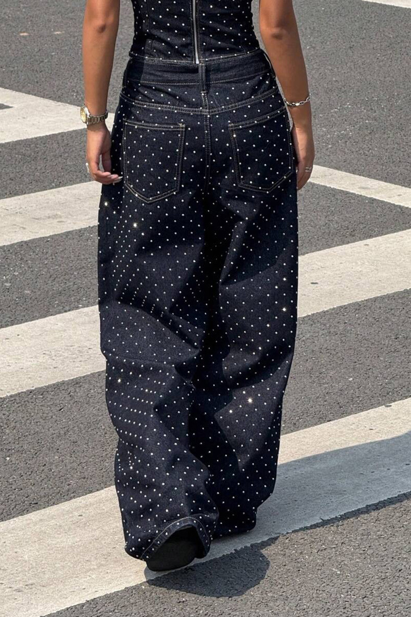 Fashion Hotfix Rhinestone Distressed Low Rise Wide Leg Jeans