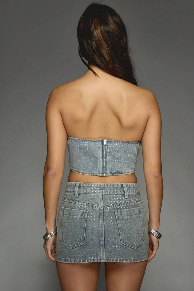 Fashion Hotfix Rhinestone Tube Top Denim Vest