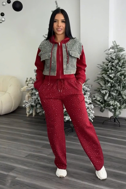 Women's Rhinestone Patchwork Denim Jacket + Waist Drawstring Pants Set