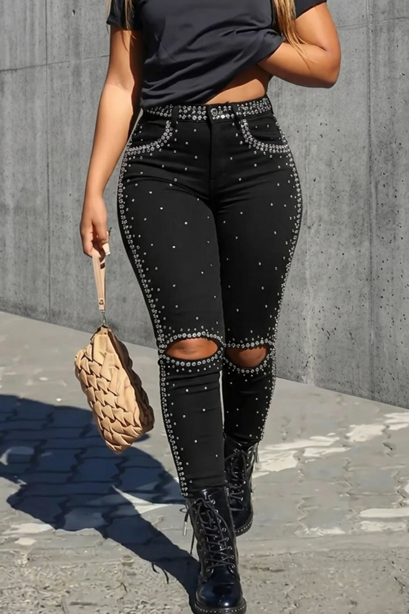 Women's Casual Rhinestone Ripped Skinny Jeans