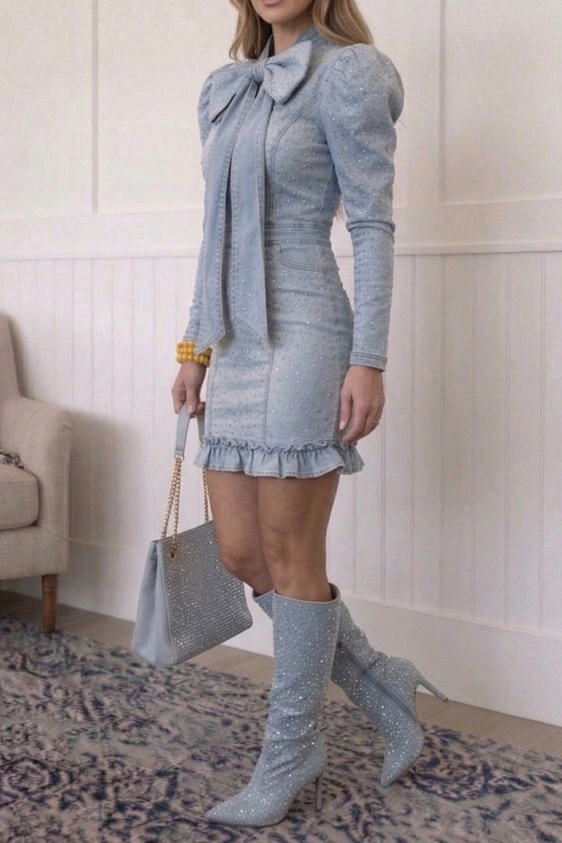 Women's Casual Rhinestone Bow Denim Dress