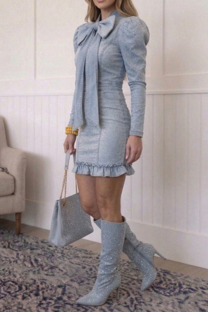 Women's Casual Rhinestone Bow Denim Dress
