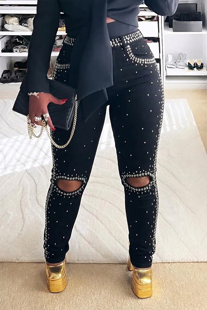 Women's Casual Rhinestone Ripped Skinny Jeans