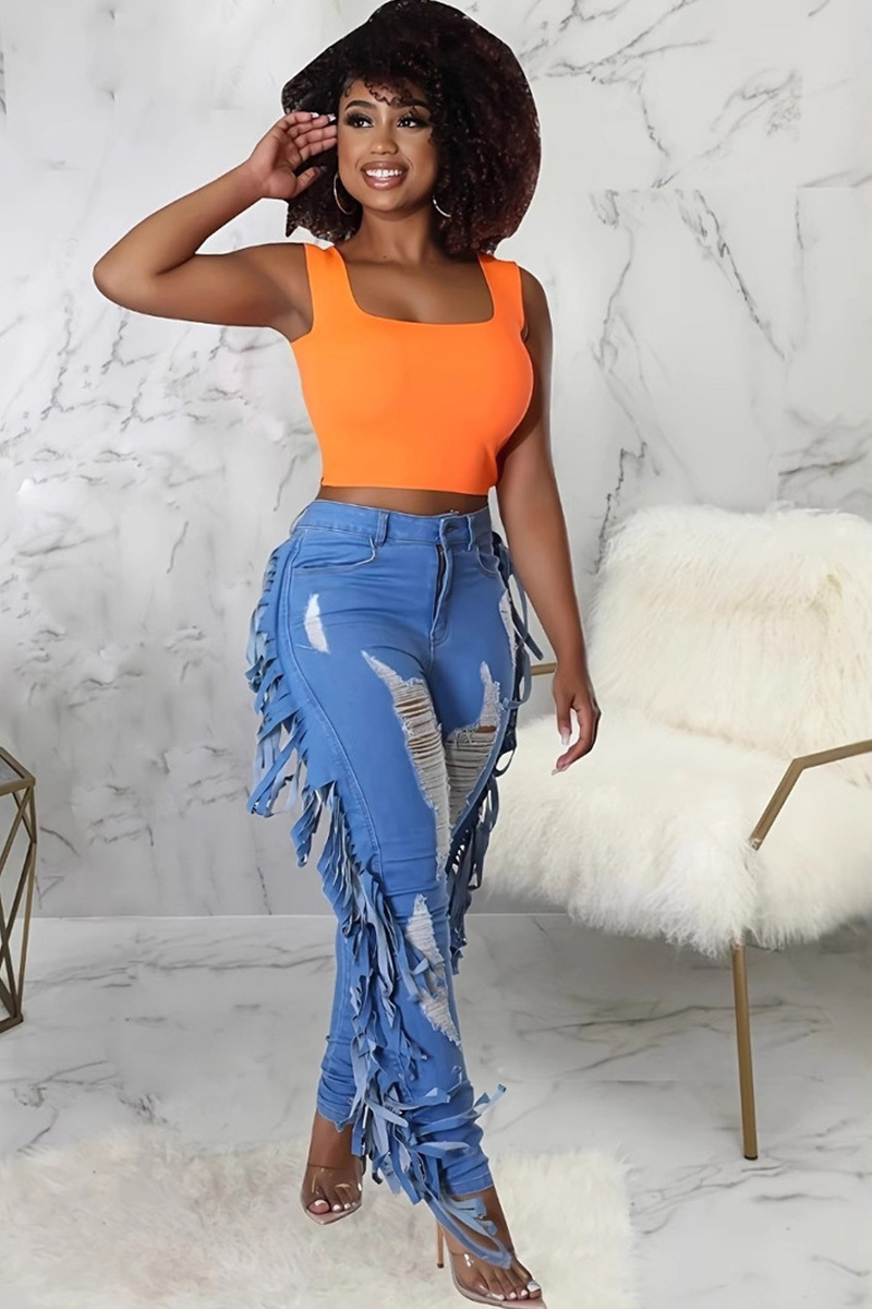 Casual Side Tassels Light Washed Ripped Jeans
