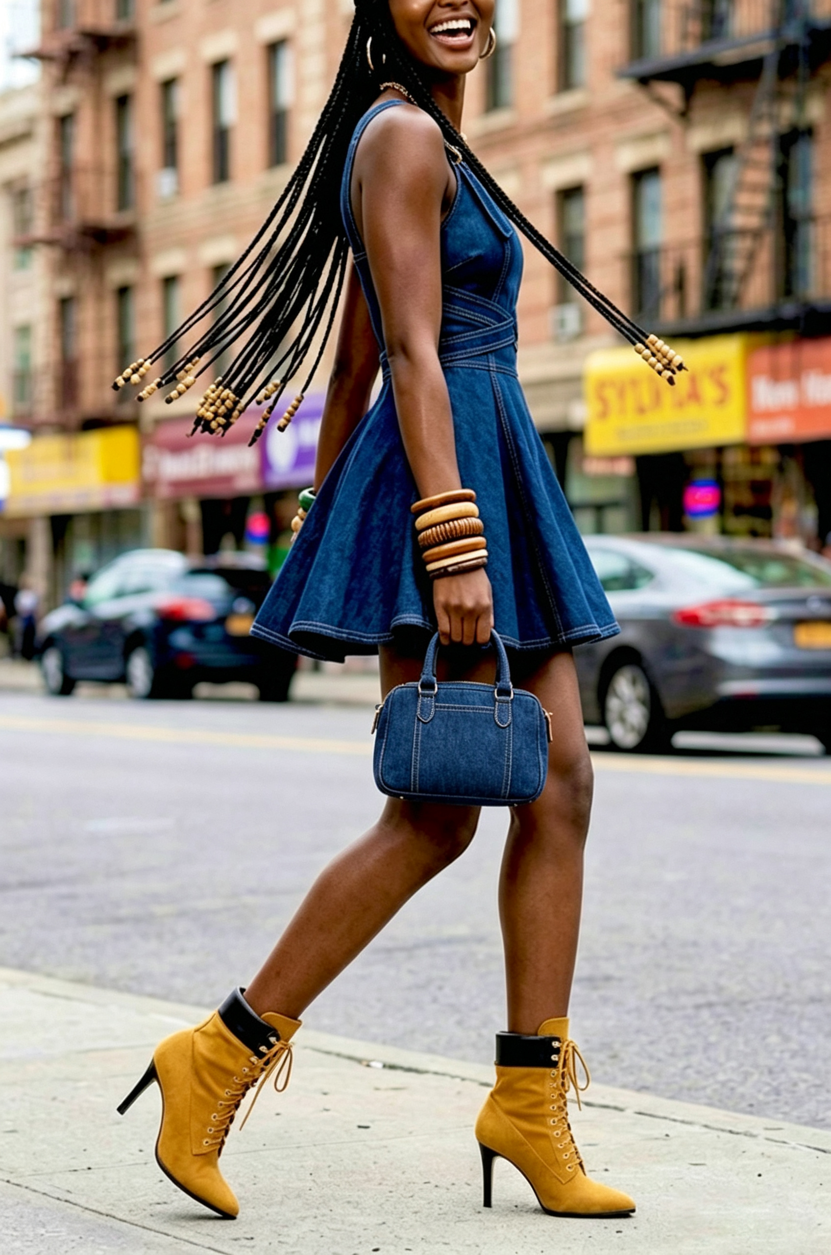 Women's Fashion Waist Cinching A-Line Hem Spaghetti Strap Denim Mini Dress