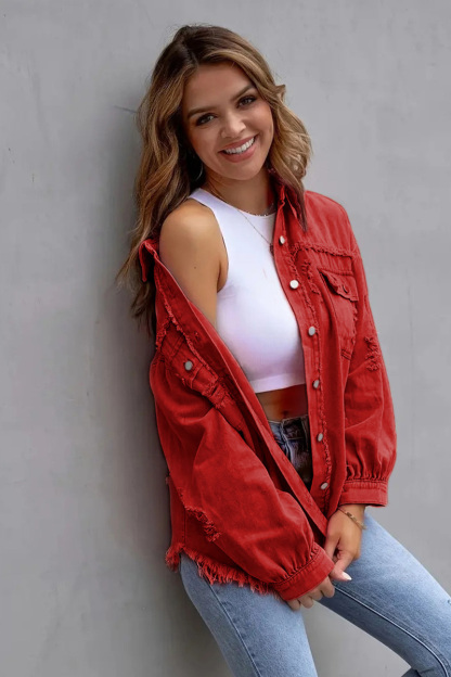 Casual Ripped Raw Trim Denim Coat