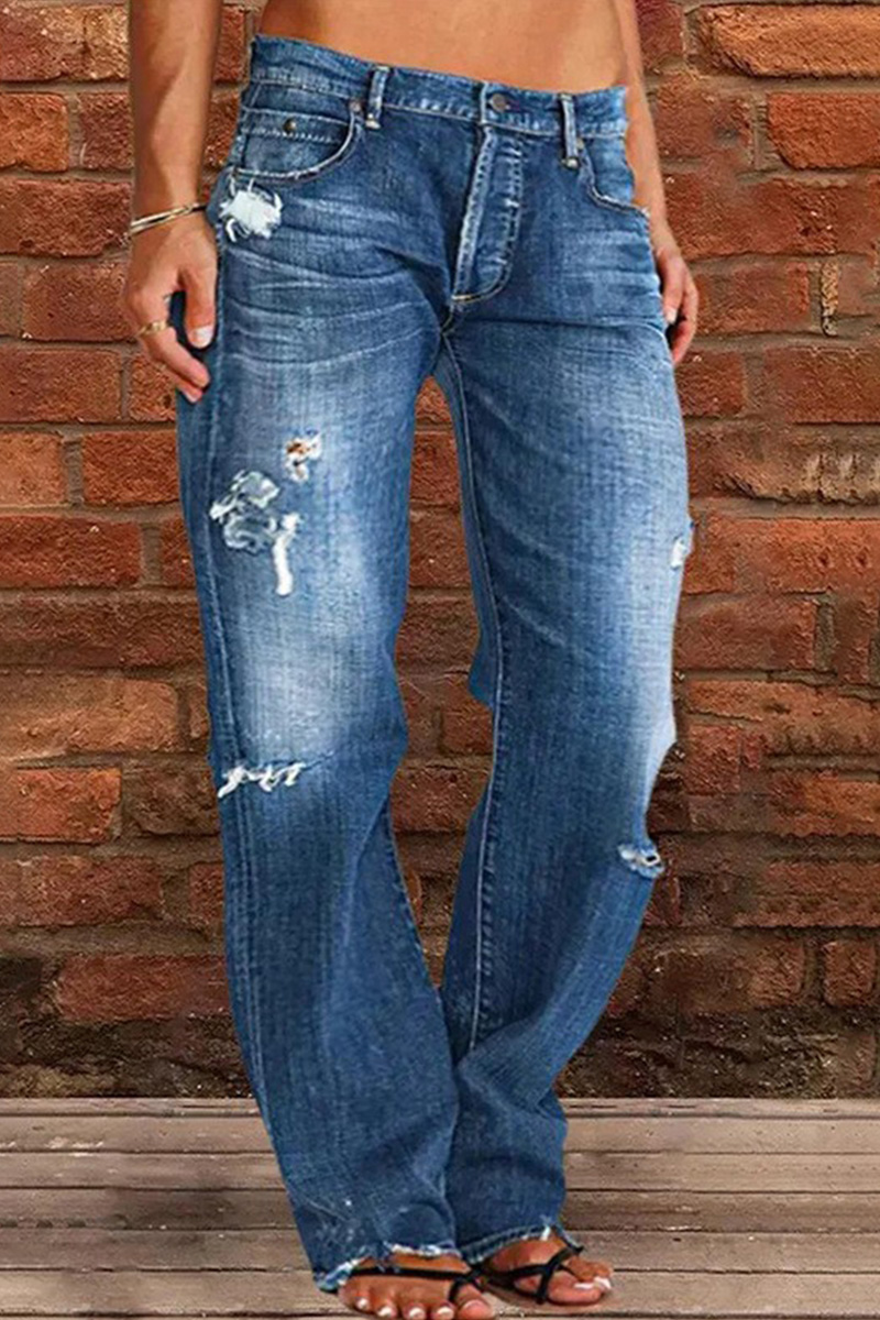 Casual High Rise Raw Trim Hem Ripped Jeans