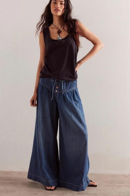 Casual Pleated Mid Rise Drawstring Relaxed Wide Leg Jeans
