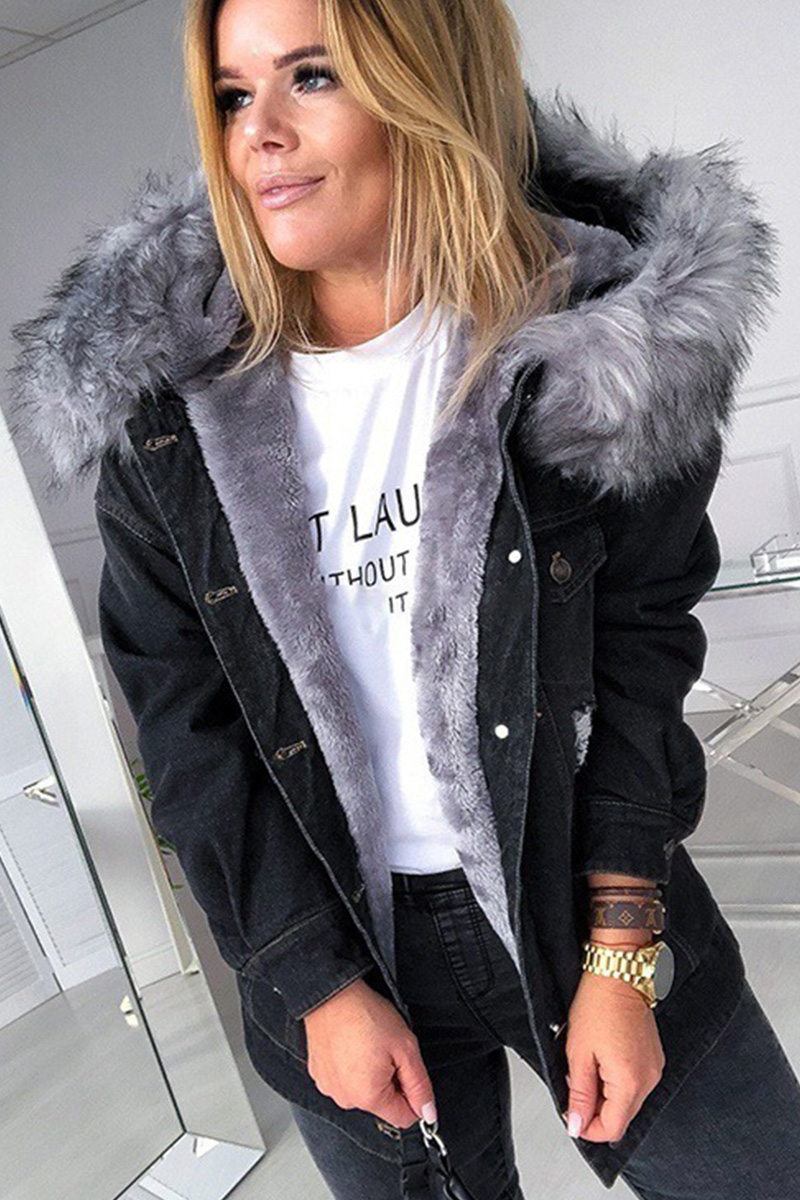 Vintage Big Fur Collar Distressed Ripped Denim Coat